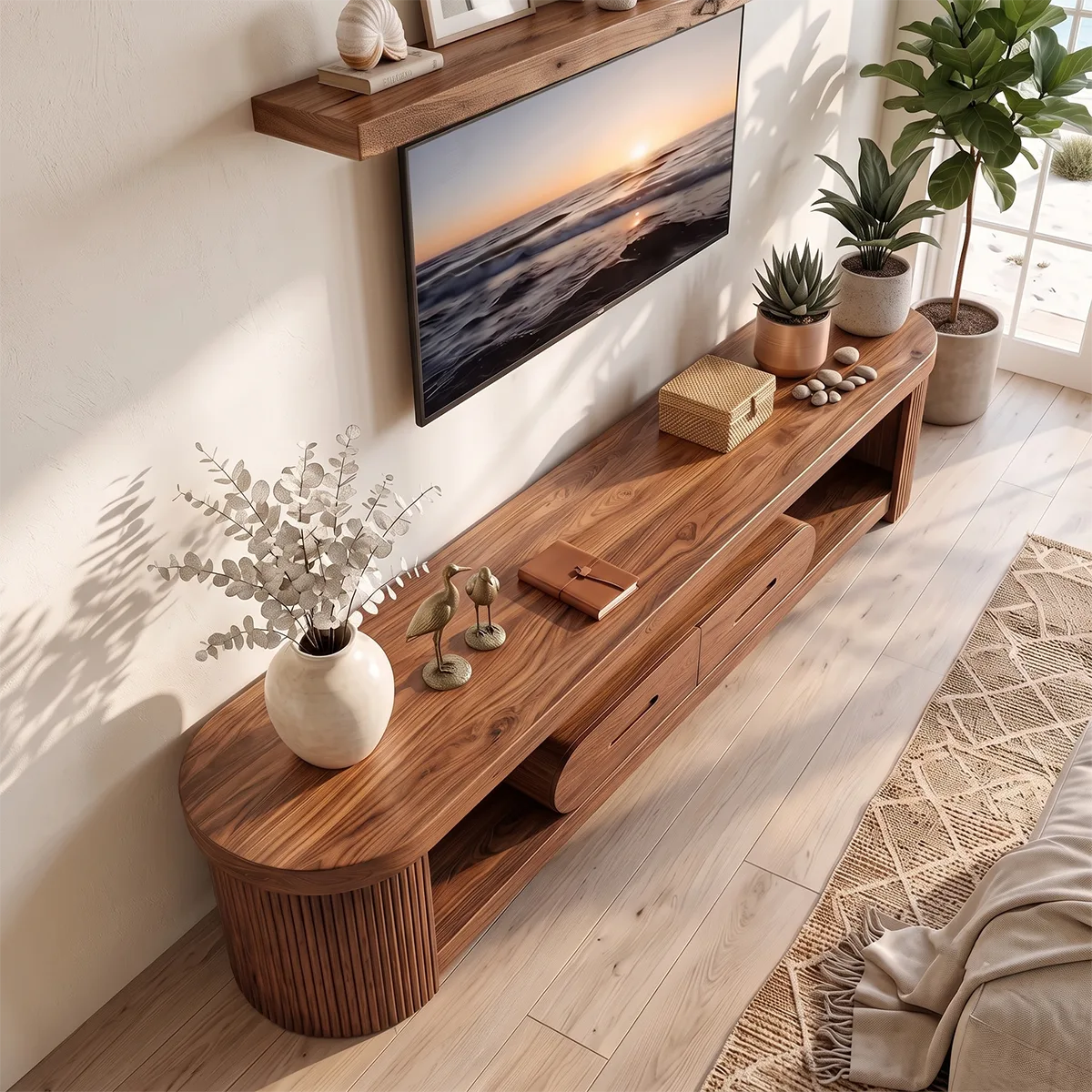 Modern Fluted TV Stand with 2 Drawers & Open Storage | Sculptural Low Profile Media Console