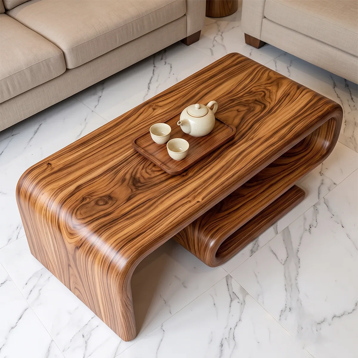 Modern Waterfall Coffee Table | Contemporary Center Table with Open Shelf Storage TH003-5383