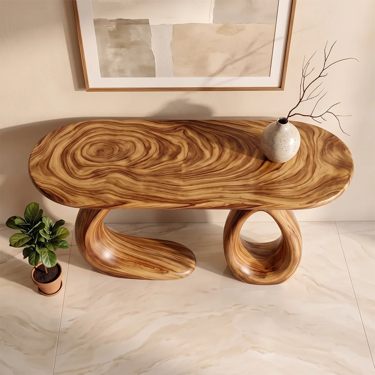 Organic Sculptural Console Table | Modern Entryway Table with Dual Curved Pedestal Base TH003-8955