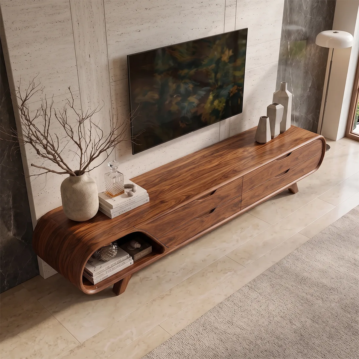Modern Curved TV Stand with 4 Drawers & Open Shelf | Sculptural Low Profile Media Console