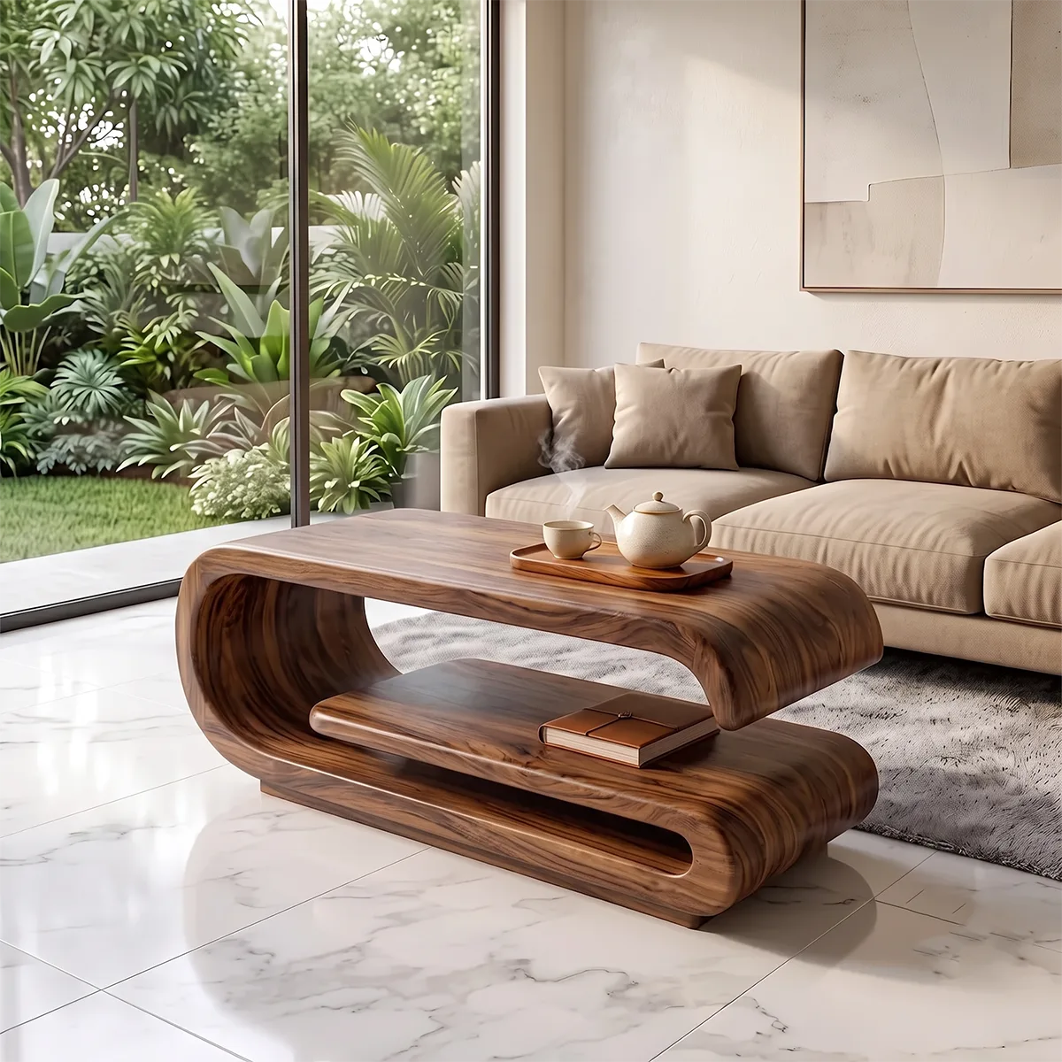Modern Waterfall Coffee Table with Open Shelf | Contemporary Curved Center Table for Living Room TH003-6318