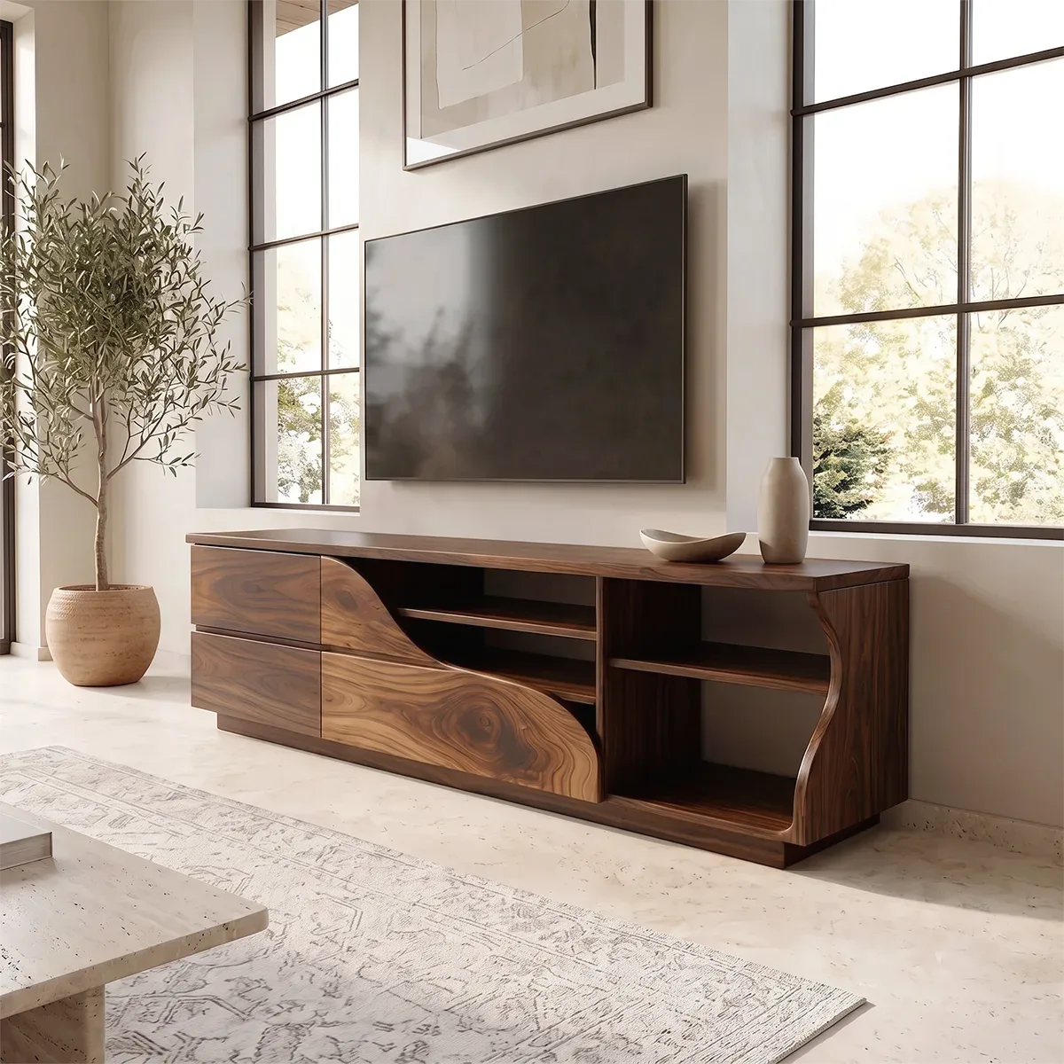Asymmetrical TV Stand with Drawers & Open Shelves | Sculptural Media Console TH003-7SZG2XE