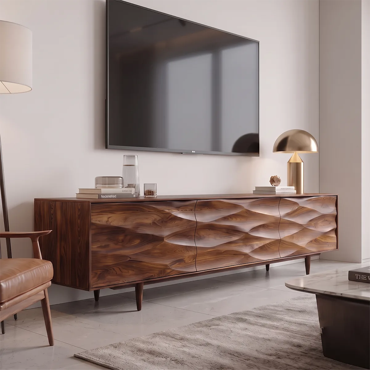Sculptural Wave 3-Door TV Stand | Modern Carved Media Console