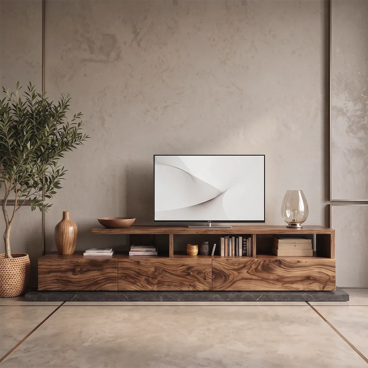 Modern TV Stand with 3 Drawers & Open Shelves | Organic Media Console TH003-4VZY8SF