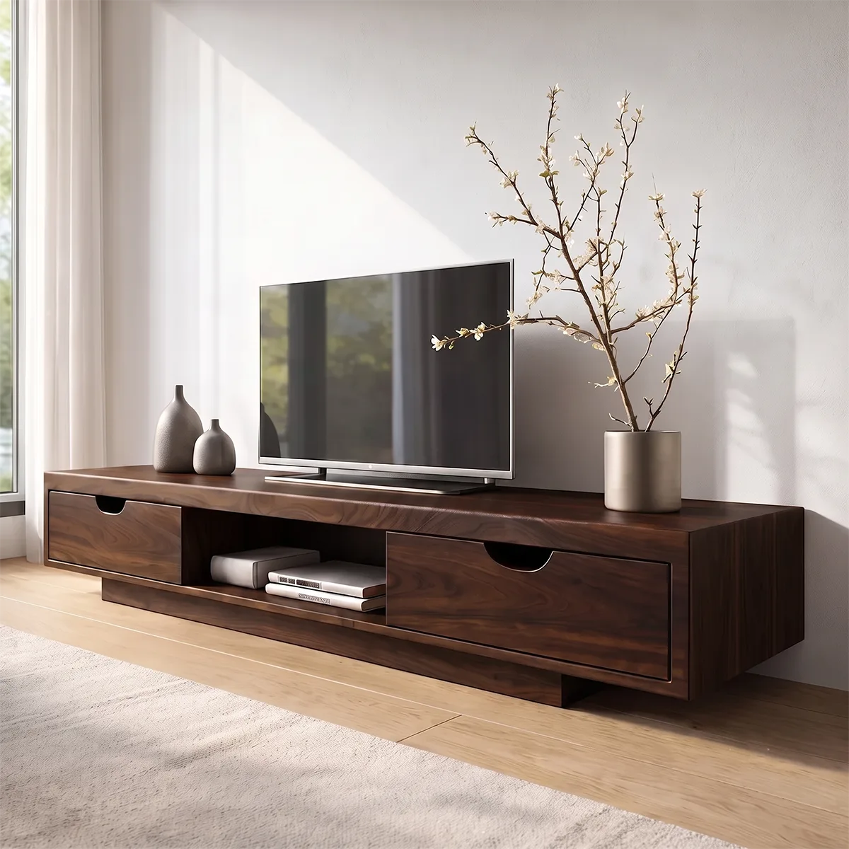 Modern TV Stand with 2 Drawers & Open Shelf | Low Profile Media Console