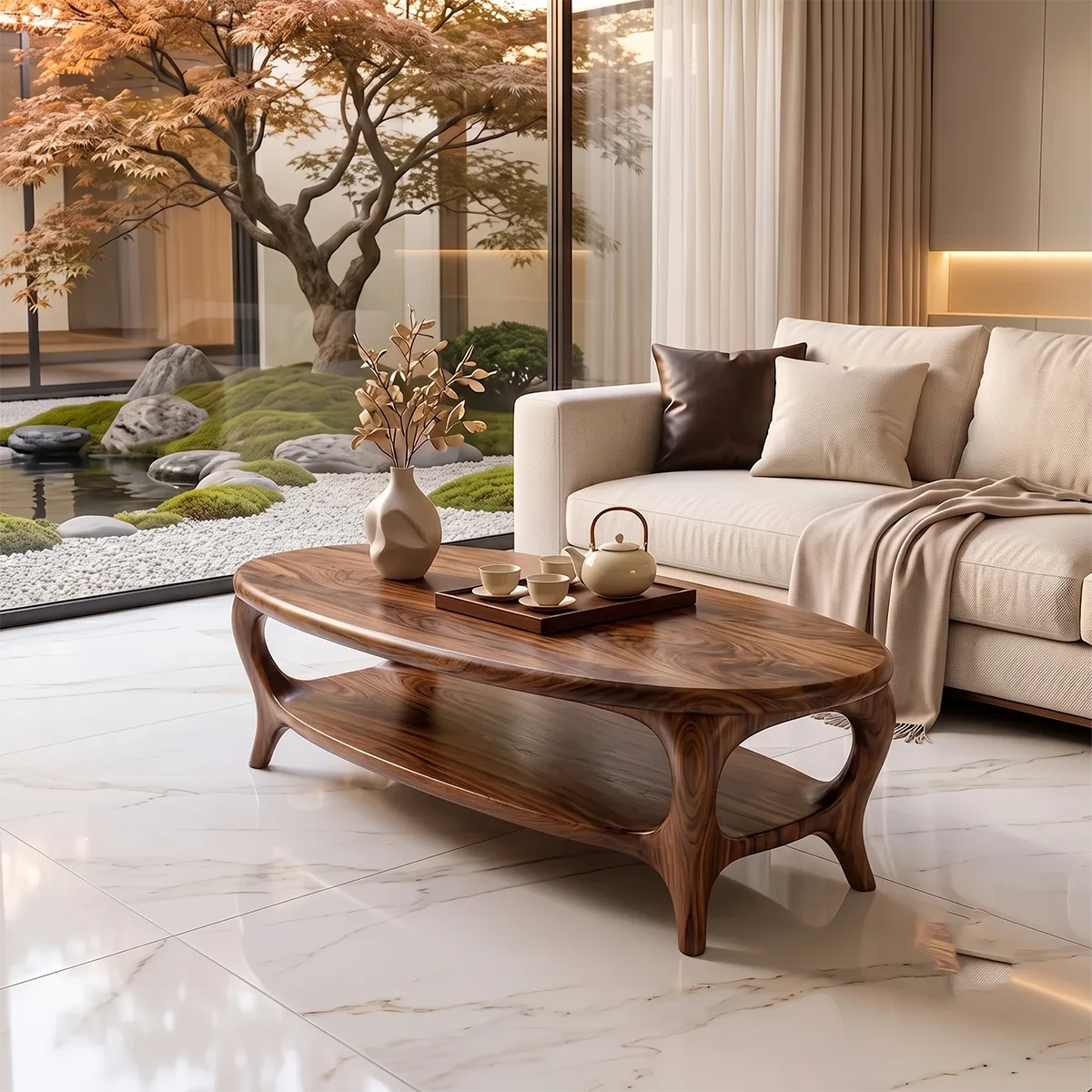 Modern Oval Coffee Table with Shelf | Sculptural Organic Center Table TH003-8066