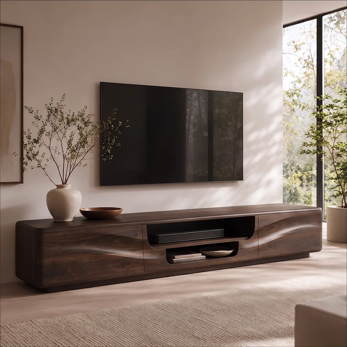 Organic Modern TV Stand with Dual Cabinets & Open Media Shelf | Modern Entertainment Console TT006-7DSN7TR