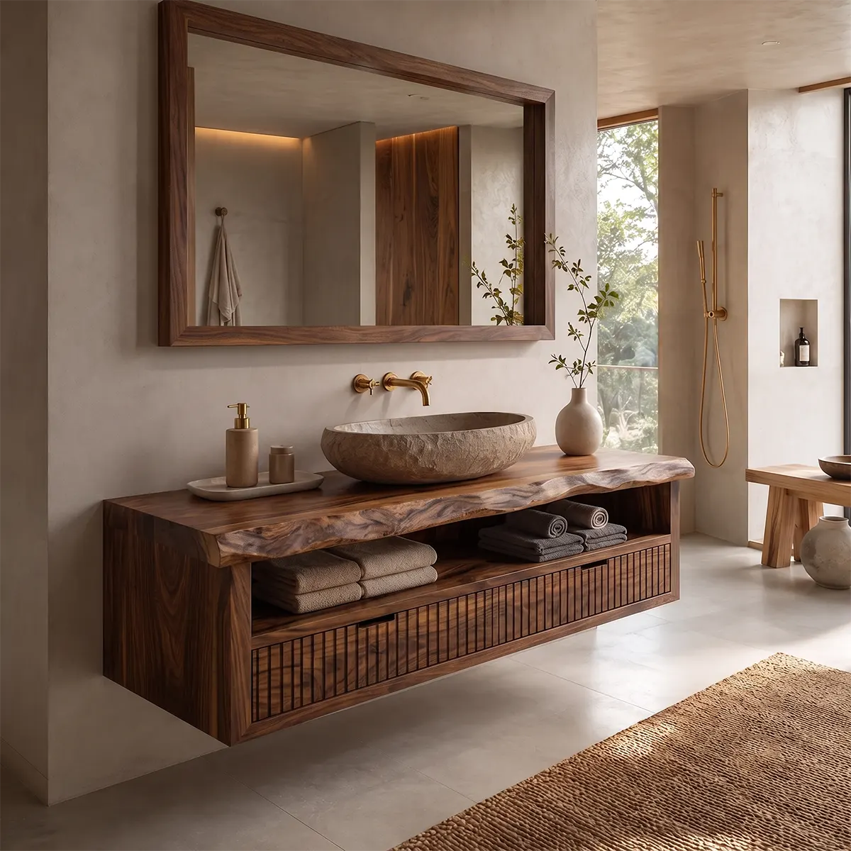 Floating Solid Wood Bathroom Vanity | Live Edge Bathroom Vanity with Fluted Drawers and Open Shelf TT006-8ZMT8QZ