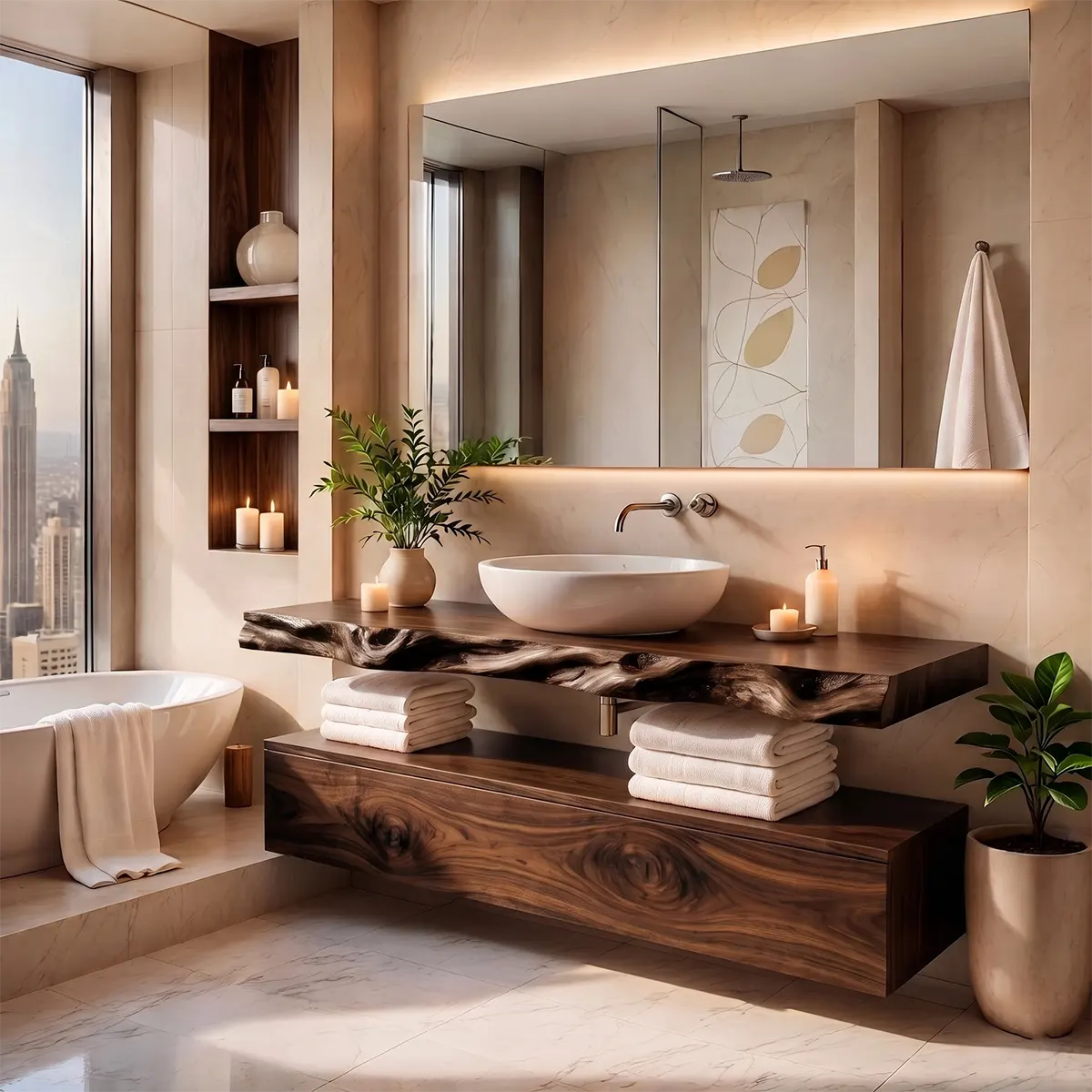 Floating Bathroom Vanity with Large Drawer & Open Shelf | Live Edge Organic Modern Design