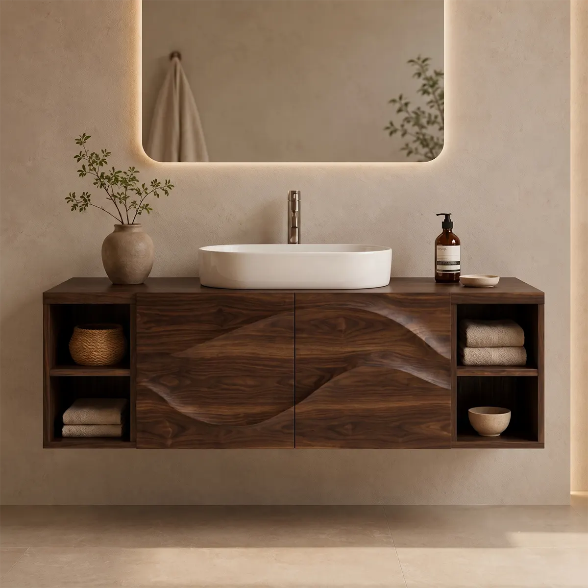 Floating Bathroom Vanity with 2 Carved Wave Doors & 4 Open Storage Compartments