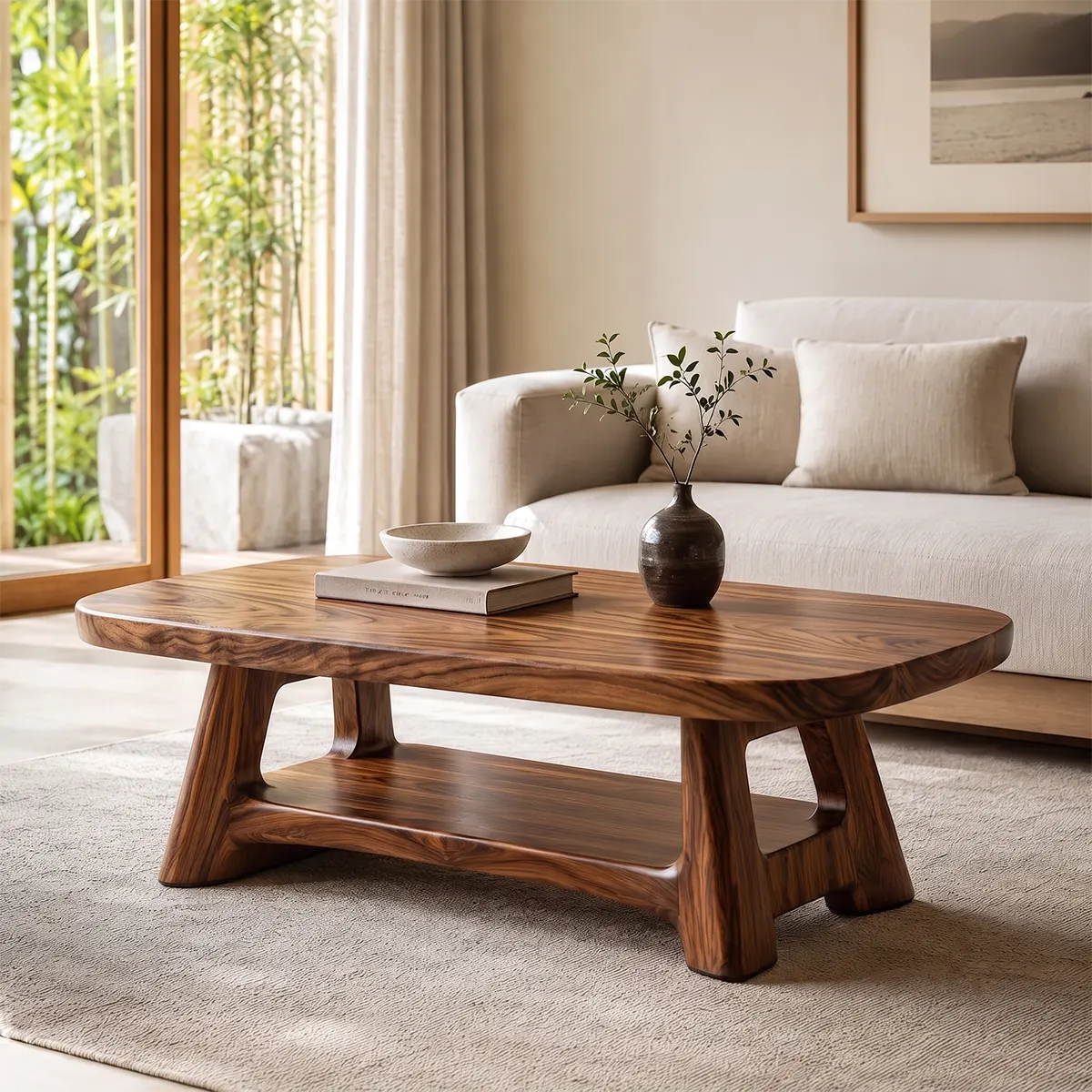 Solid Wood Coffee Table with Storage Shelf | Modern Organic Living Room Table TT006-5345