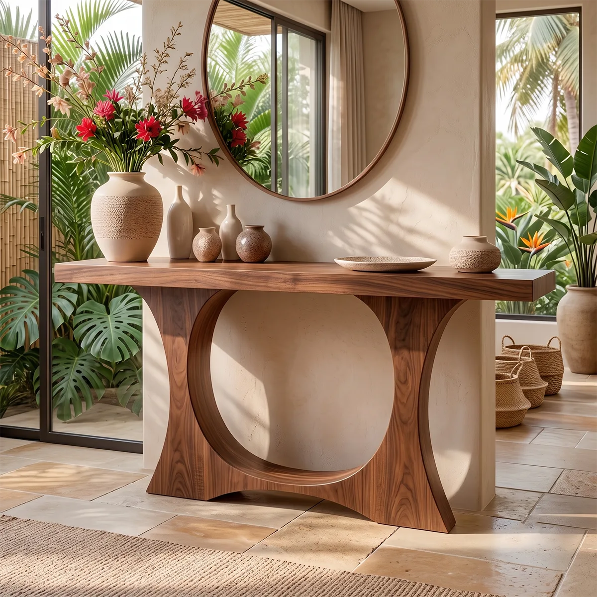 Modern Wooden Console Table with Sculptural Circular Base for Entryway & Hallway TT006-5238