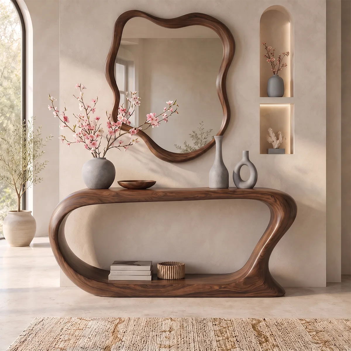 Organic Modern Console Table with Open Shelf & Sculptural Curved Frame for Entryway TT006-6916