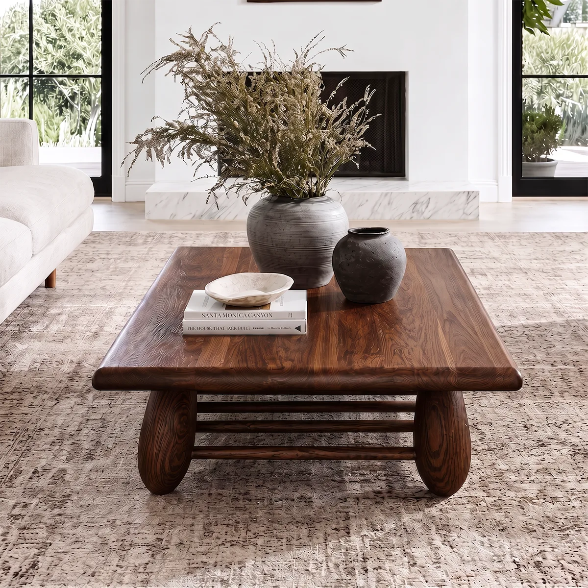 Rounded Rectangle Coffee Table with Slatted Storage Shelf | Modern Organic Center Table