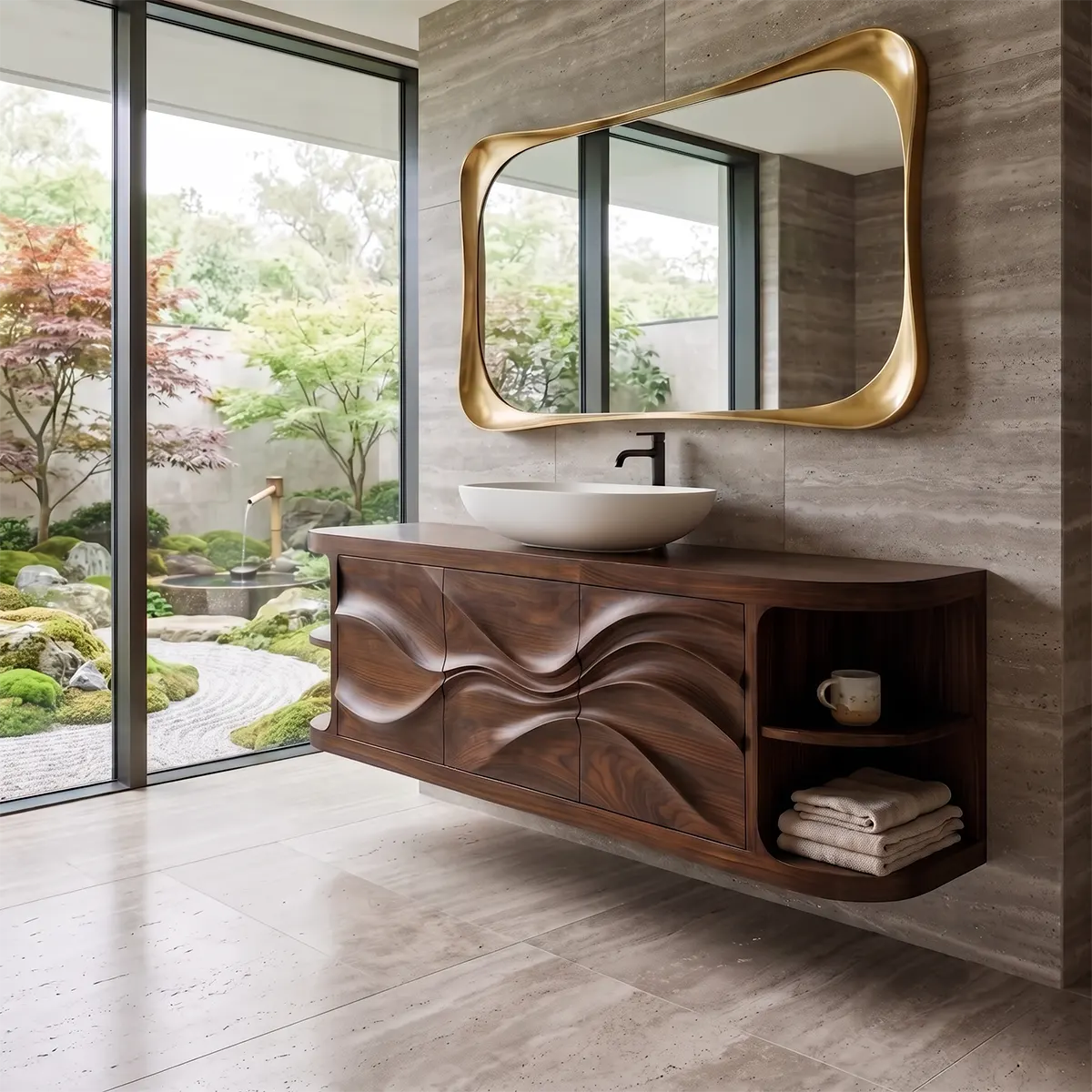 Modern Floating Bathroom Vanity with Wave Carved Doors & Open Shelves | Solid Wood Wall Mounted Bathroom Vanity TT006-8NEC3KF