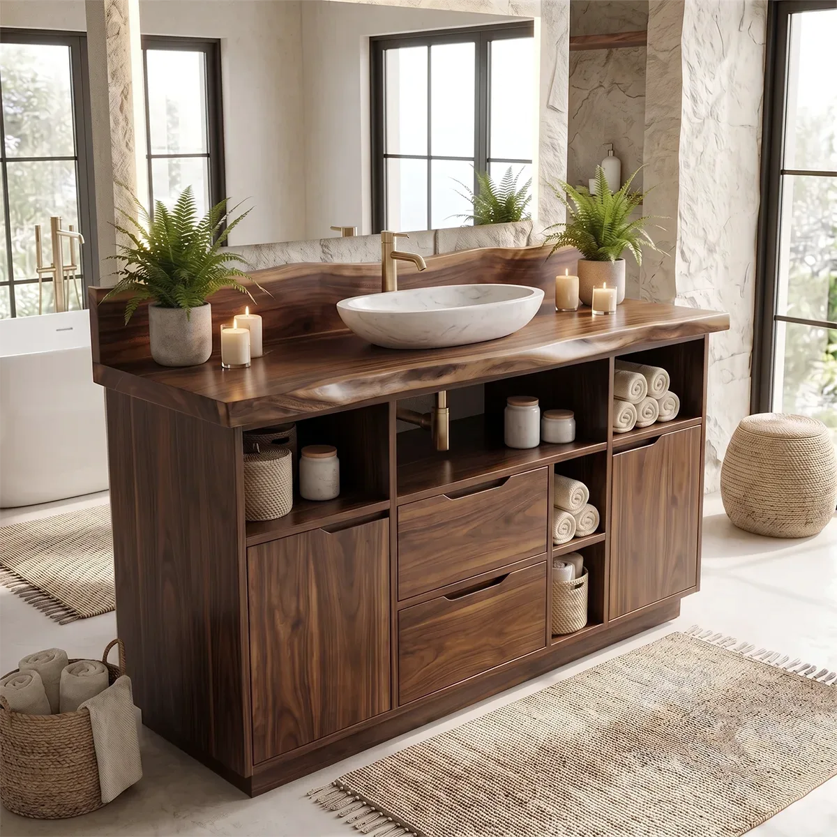 Freestanding Live Edge Bathroom Vanity with Drawers, Cabinets & Open Storage | Modern Wood Vanity