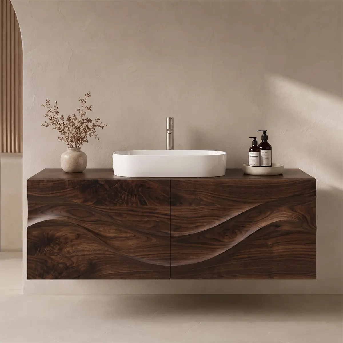 Floating Bathroom Vanity with 2 Doors | Sculpted Wave Front Wall Mounted Vanity Cabinet