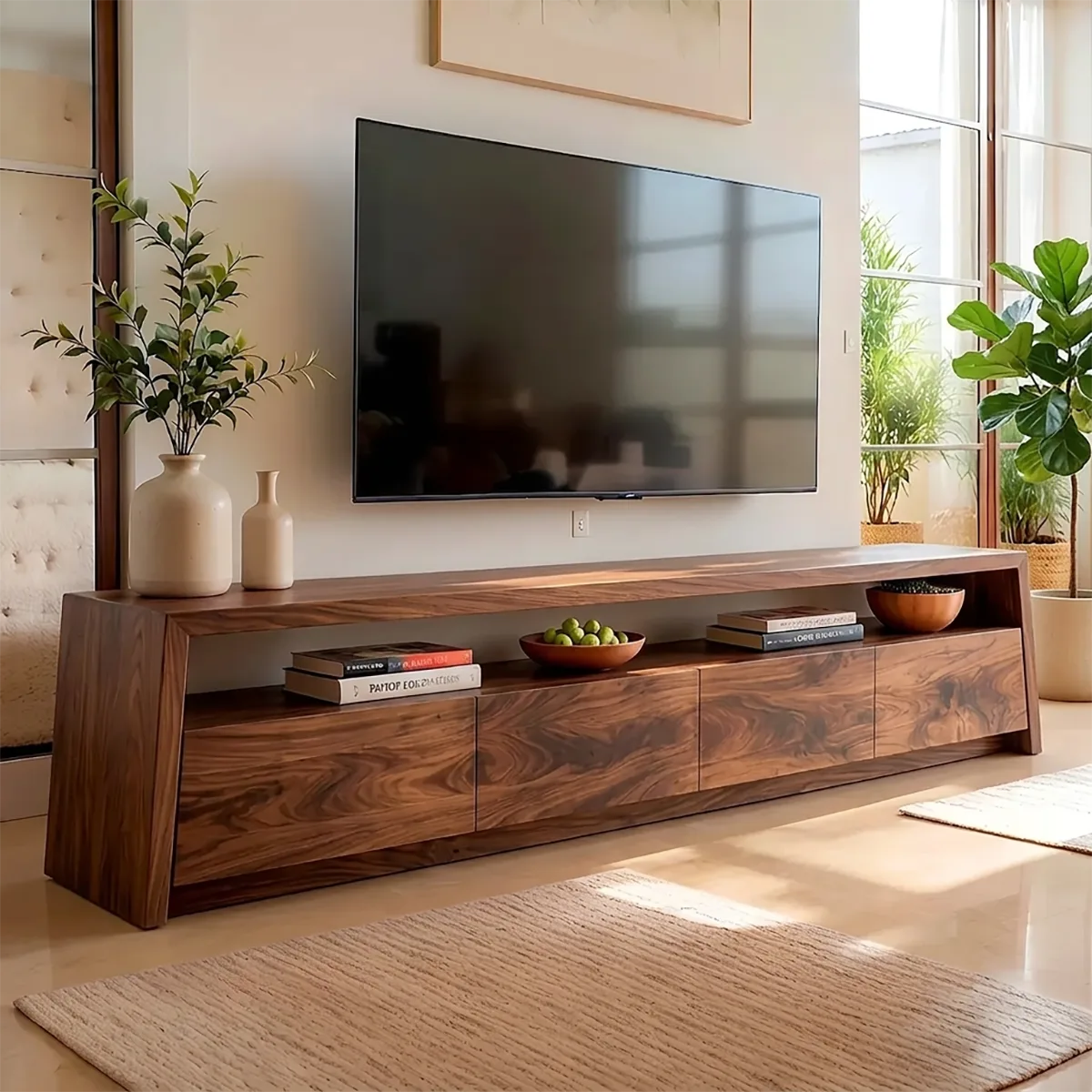 Modern TV Stand with 4 Enclosed Storage Compartments & Open Media Shelf