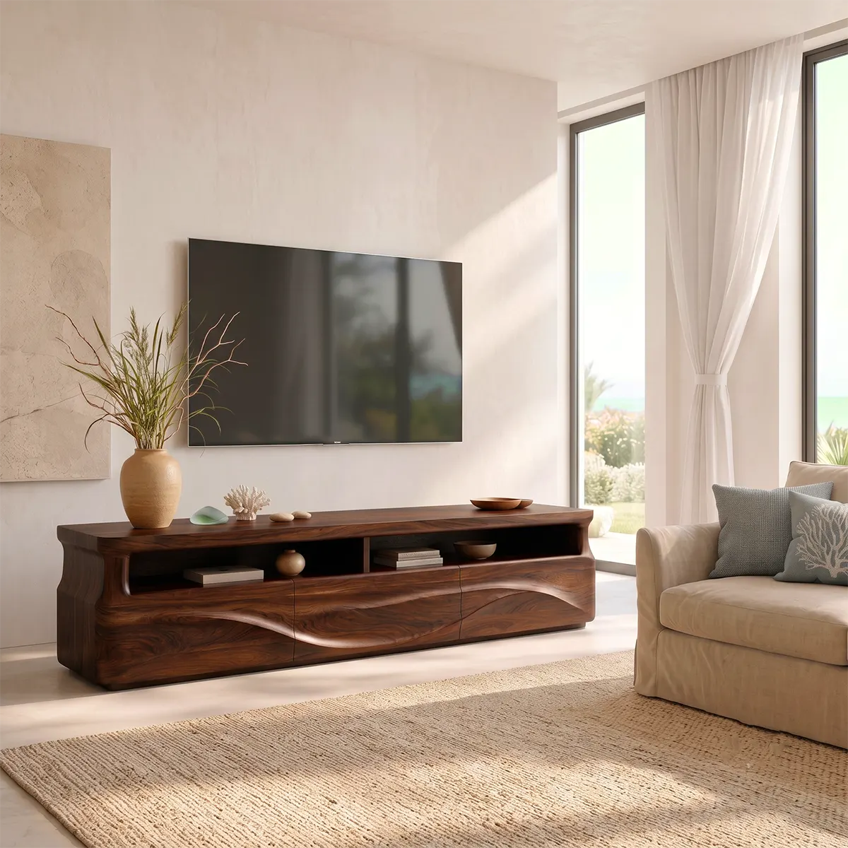 Modern Organic TV Stand with Sculpted Cabinets | Open Display Media Console TT006-5EKO4LA