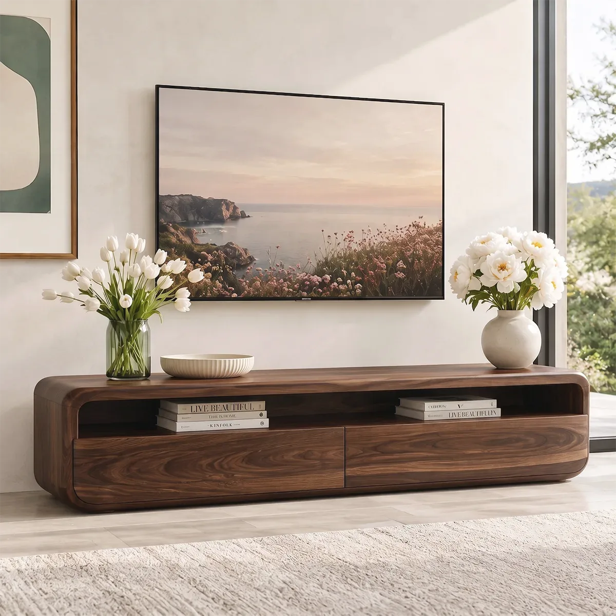 Modern TV Stand with Open Shelf & 2 Large Drawers | Minimalist Media Console TT006-2PMS8ZG