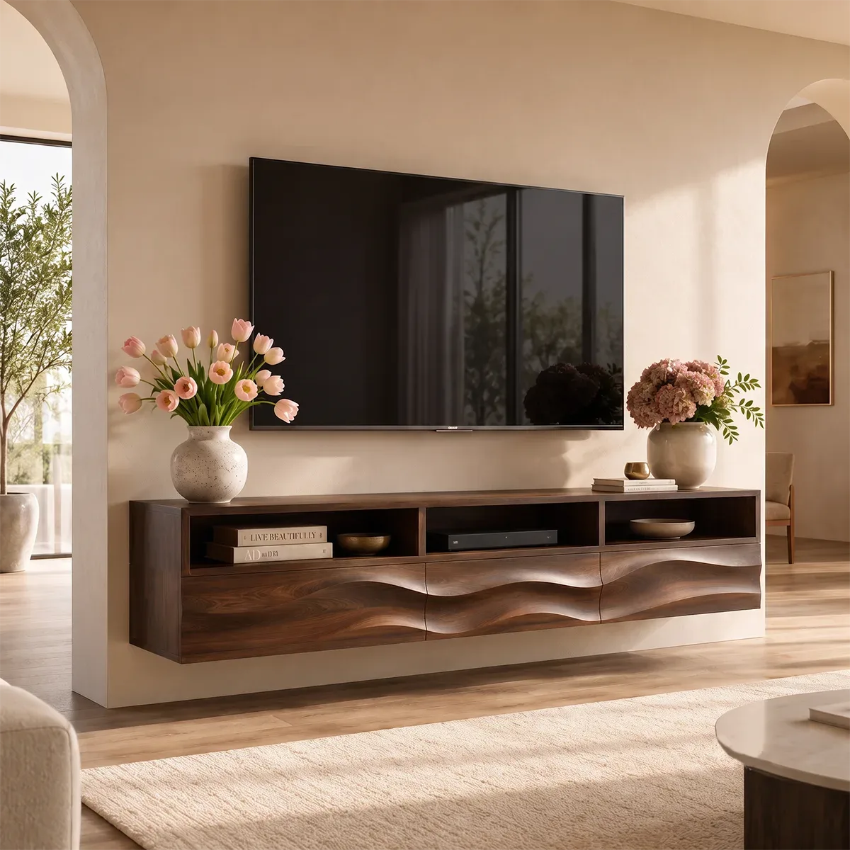 Floating TV Stand with Open Shelving & Three Drawers | Organic Modern Media Console TT006-5IOW6DK