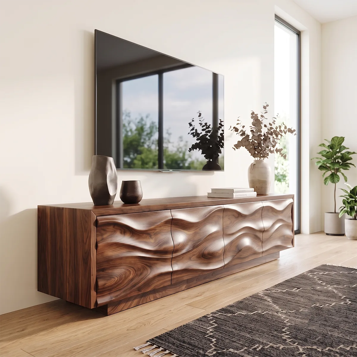Modern Organic TV Stand with Sculpted Cabinets | Entertainment Console TT006-6CBU3TP