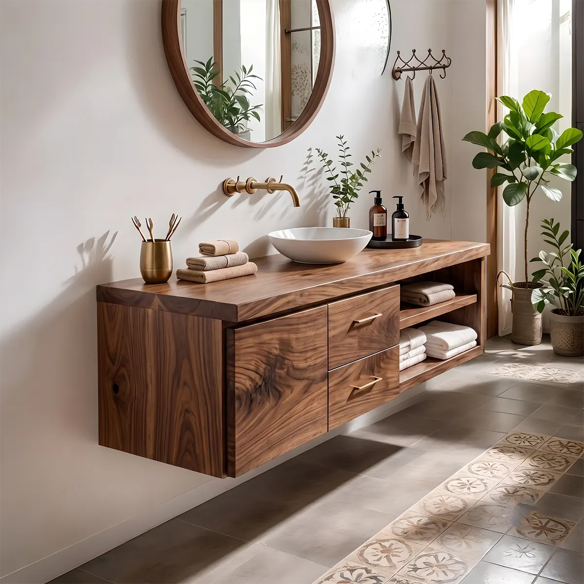 Floating Solid Wood Bathroom Vanity | Live Edge Wood Vanity with Soft-Close Drawers & Open Shelves TT006-1WVD8ID
