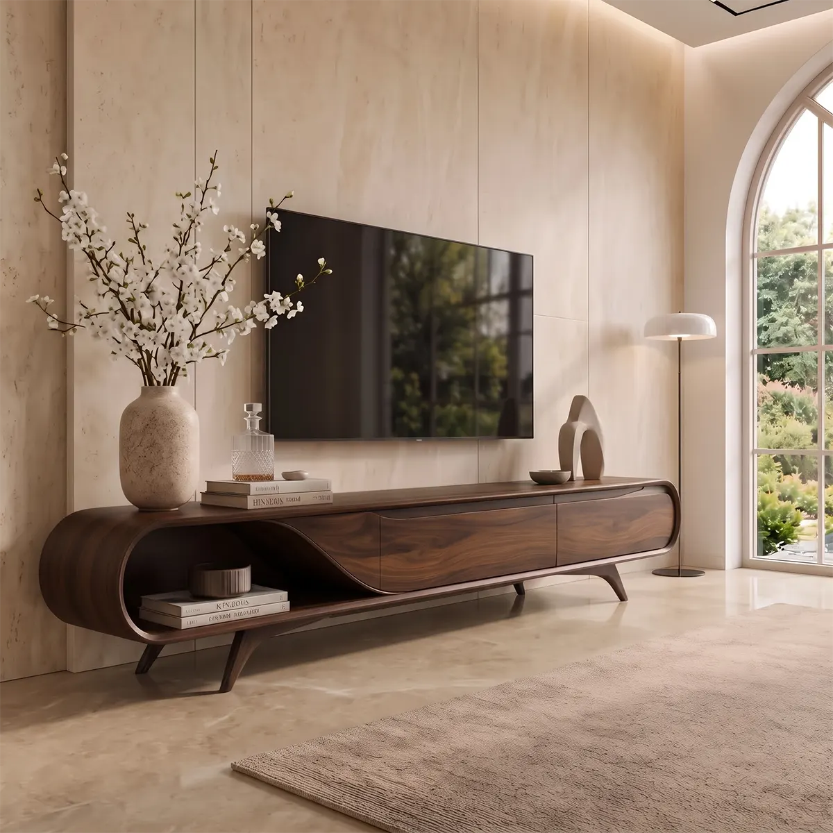 Sculptural Curved TV Stand with 2 Concealed Storage Compartments & Open Shelf | Modern Media Console