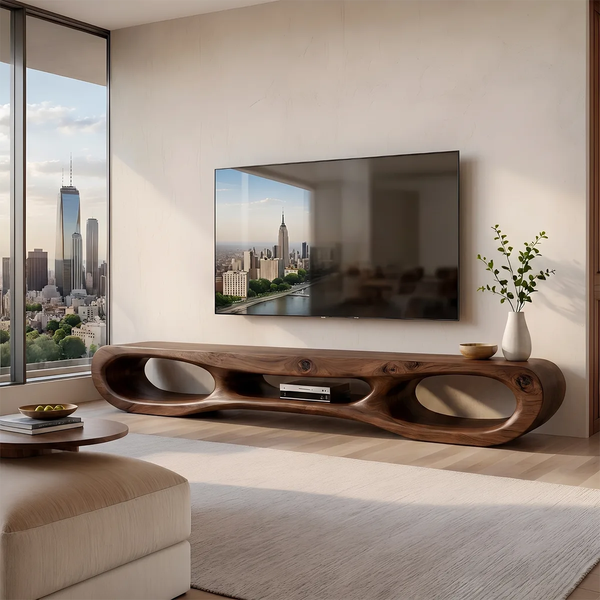 Organic Modern TV Stand with Triple Open Shelving & Sculptural Curved Design TT006-3KAV6WJ