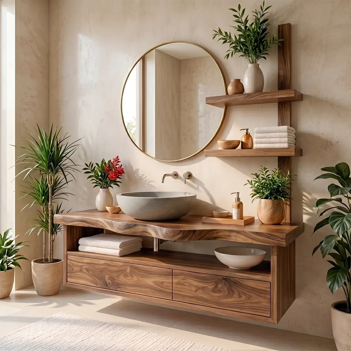 Floating Solid Wood Bathroom Vanity | Modern Bathroom Vanity with Double Drawers and Open Shelf TT006-7HIS6ML