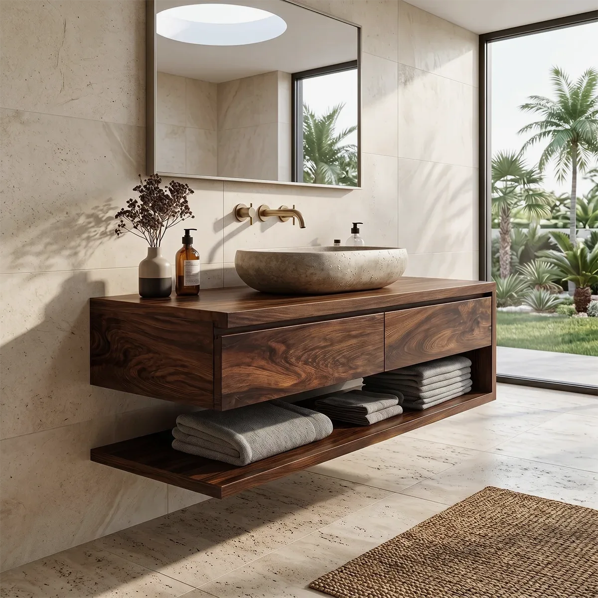 Floating Bathroom Vanity with 2 Drawers & Open Shelf | Modern Minimalist Wall Mounted Design