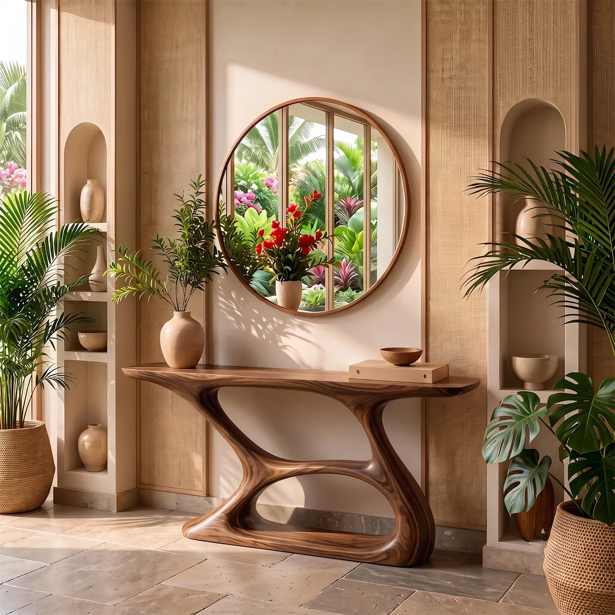 Organic Modern Console Table with Sculptural Double-Arch Base for Entryway & Living Room TT006-8669