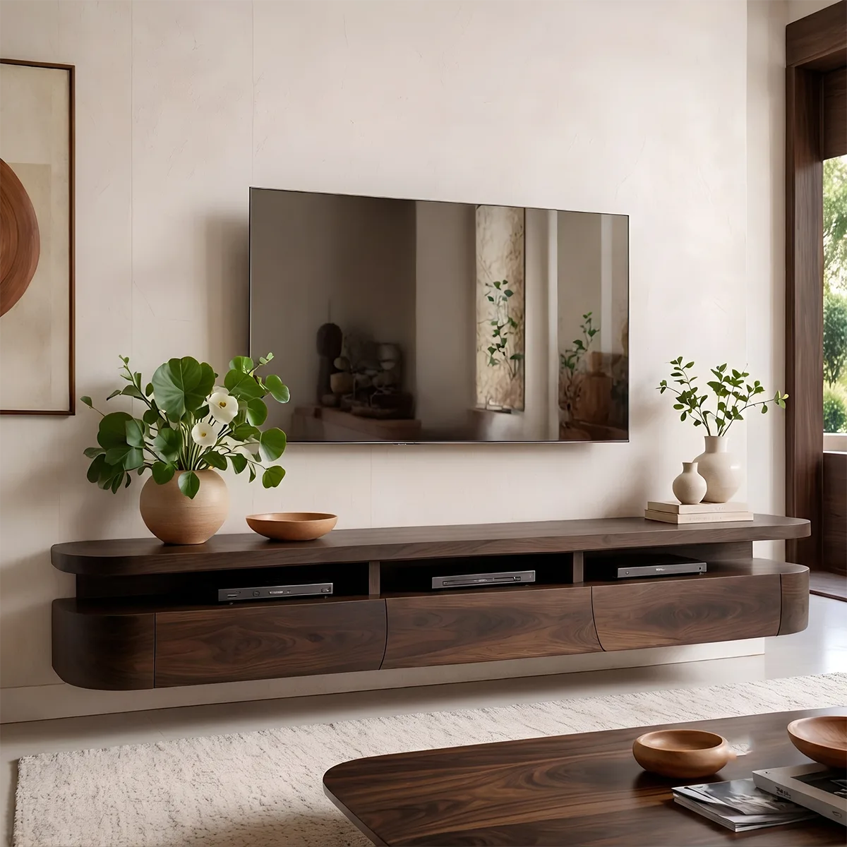 Modern Floating TV Stand with Open Media Shelf & Three Storage Drawers TT006-2WVU2VZ