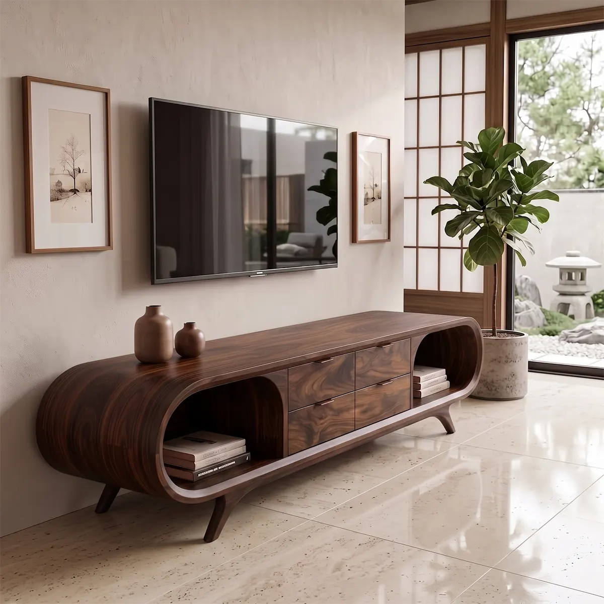 Modern Curved TV Stand with 4 Drawers & 2 Open Shelves | Sculptural Media Console