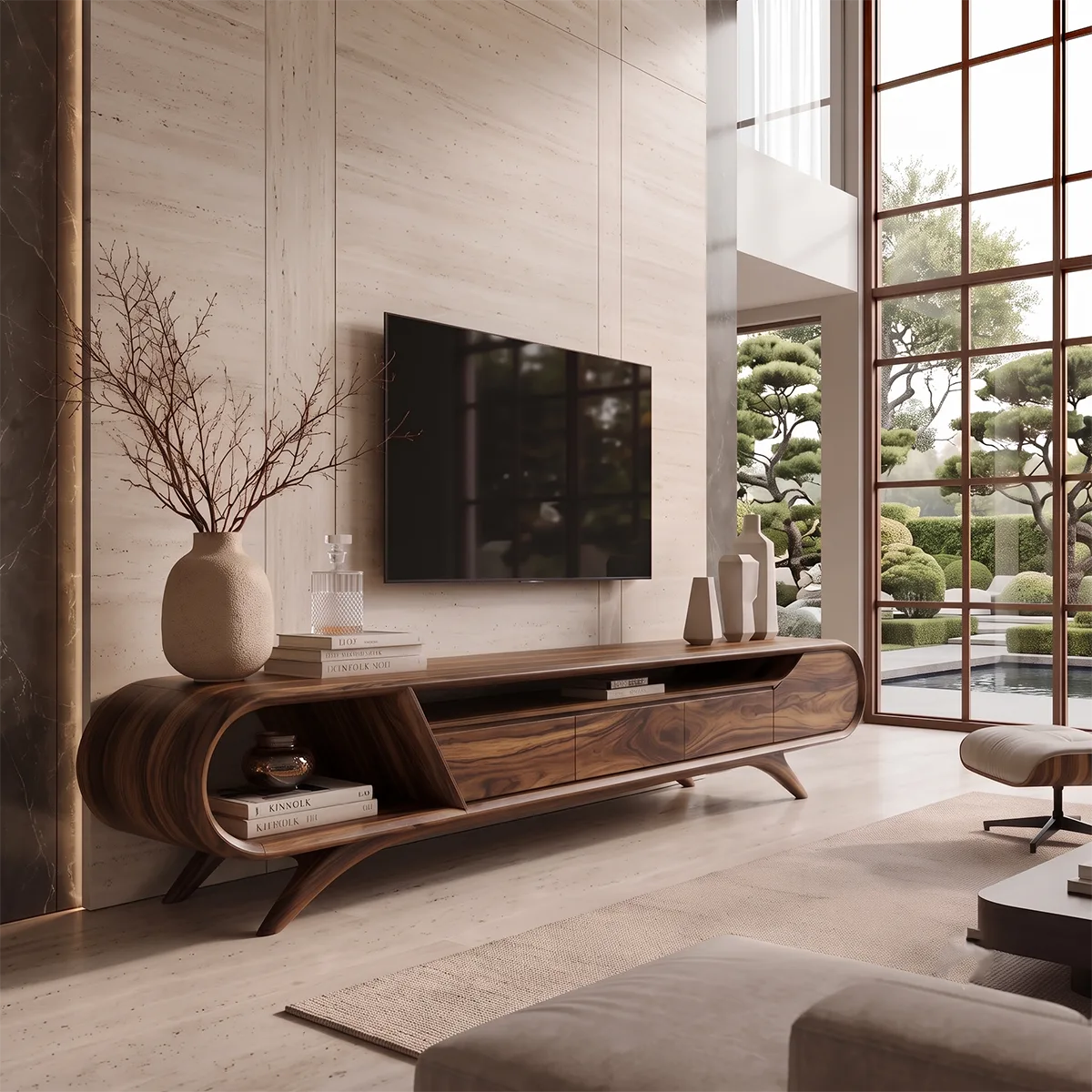 Modern Curved TV Stand with 3 Drawers & Open Storage Areas | Sculptural Media Console