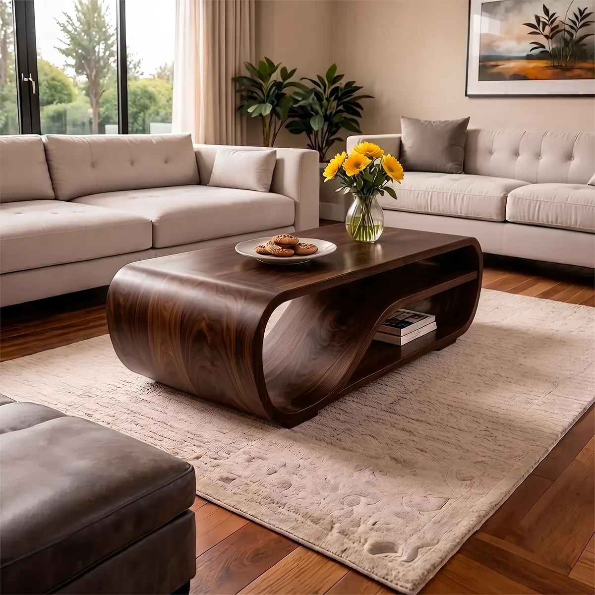 Curved Solid Wood Coffee Table with Storage | Modern Sculptural Living Room Center Table TT006-2757