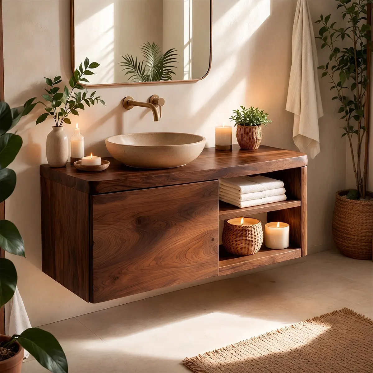 Floating Solid Wood Bathroom Vanity with Single-Door Cabinet & Open Shelves | Wall Mounted Bathroom Vanity with Fixed Storage TT006-5WWS2ST