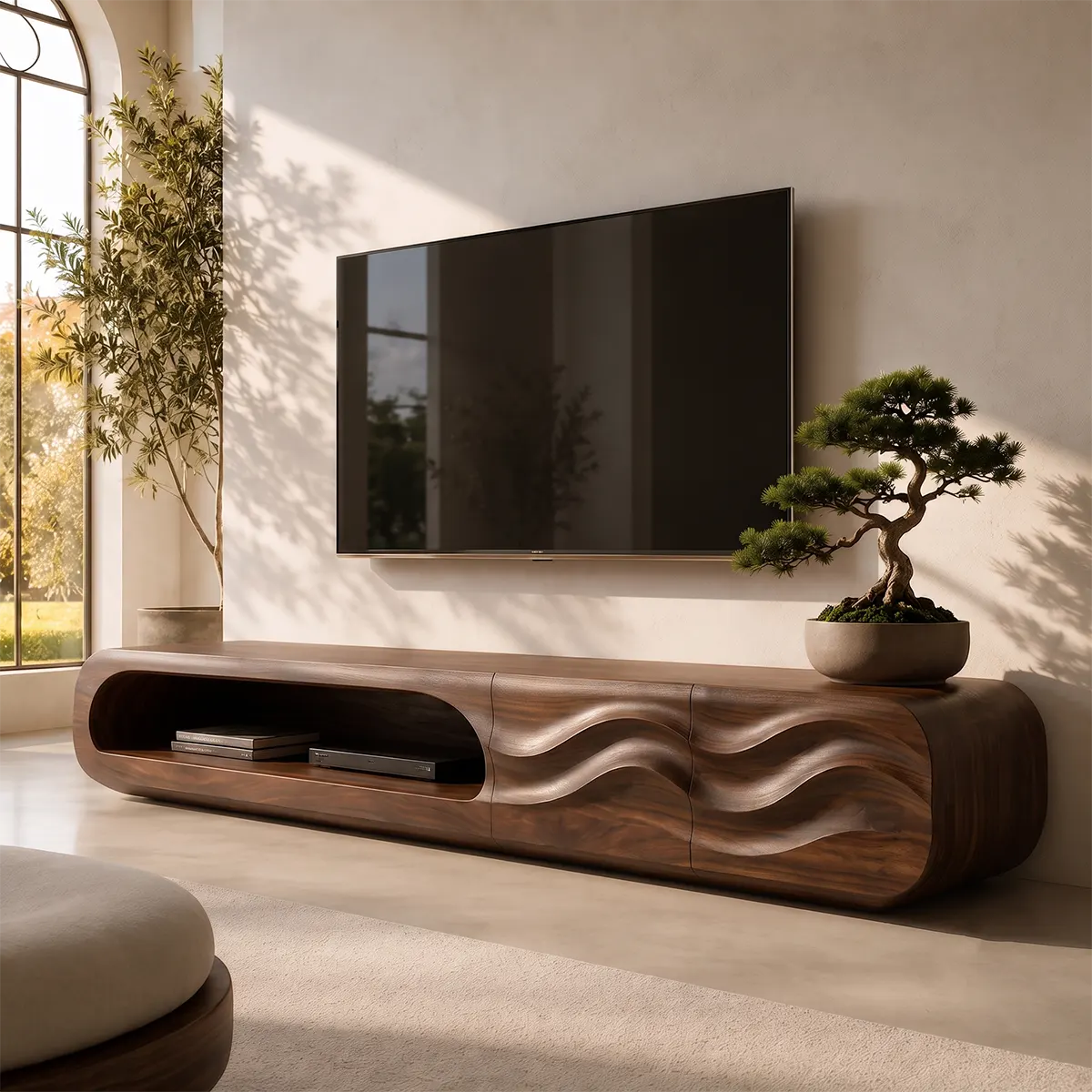 Organic Modern TV Stand with Open Shelf & Two Sculpted Storage Cabinets TT006-8YEU8CV