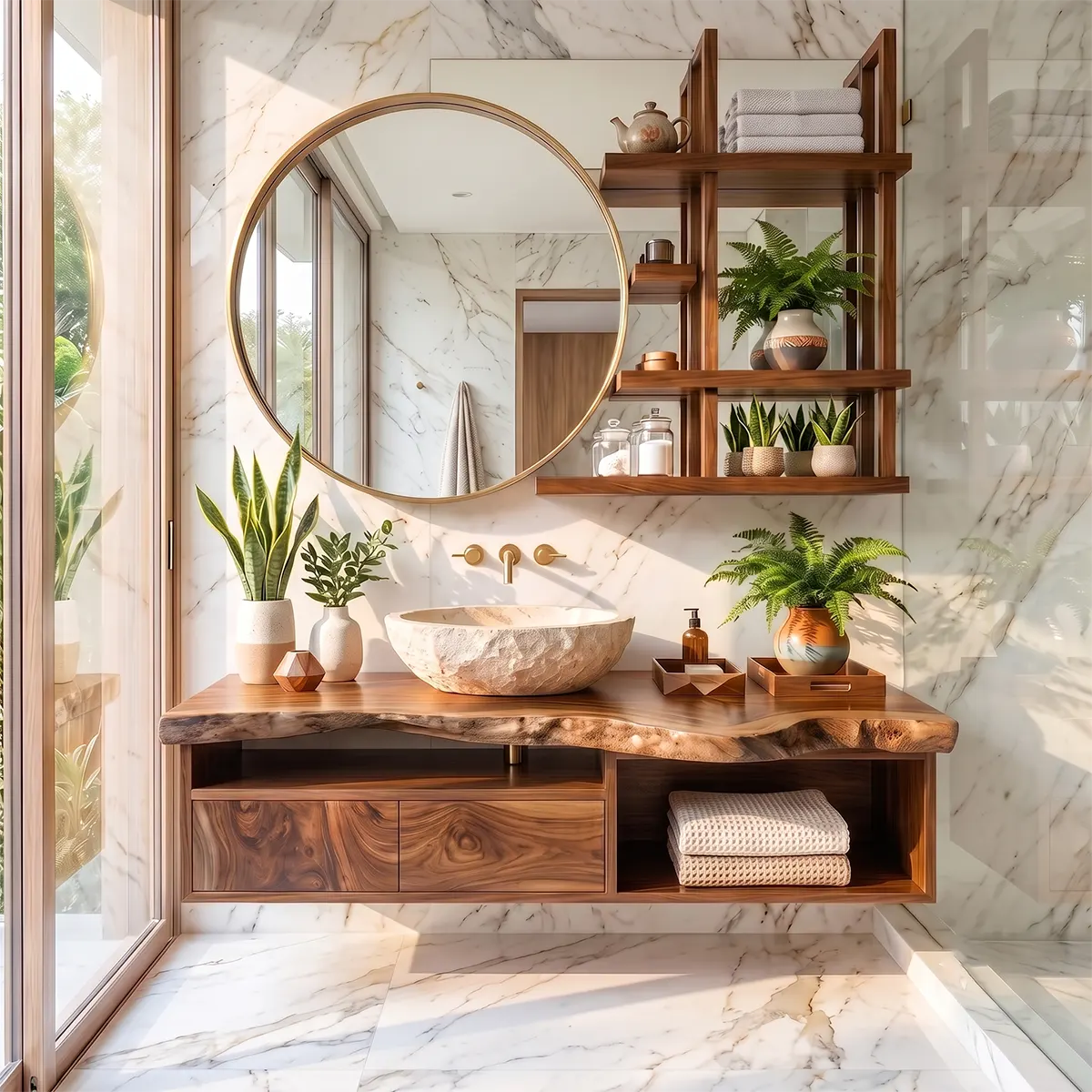 Live Edge Floating Bathroom Vanity with Drawers & Open Shelf | Solid Wood Wall Mounted Bathroom Vanity TT006-9VCQ2QP