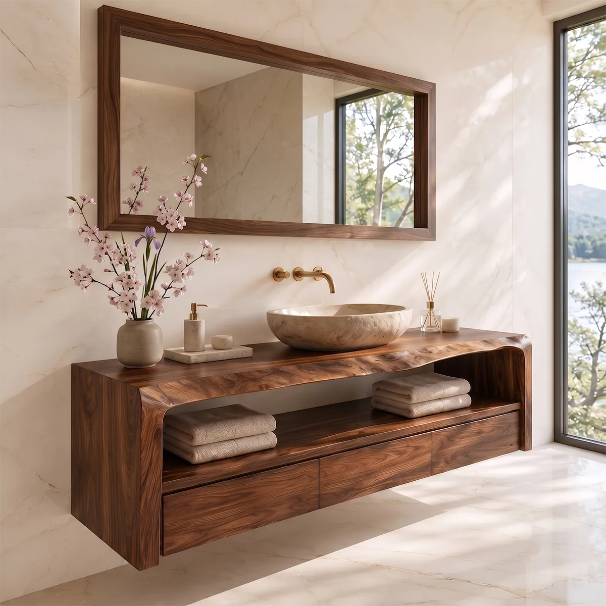 Floating Solid Wood Bathroom Vanity | Live Edge Bathroom Vanity with 3 Soft-Close Drawers and Open Shelf TT006-5FPH5WZ