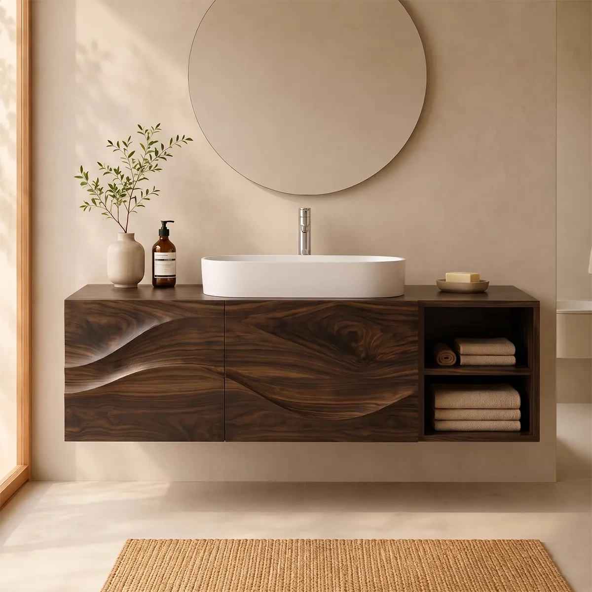 Floating Bathroom Vanity with 2 Doors | Carved Wave Front & Open Storage Shelves