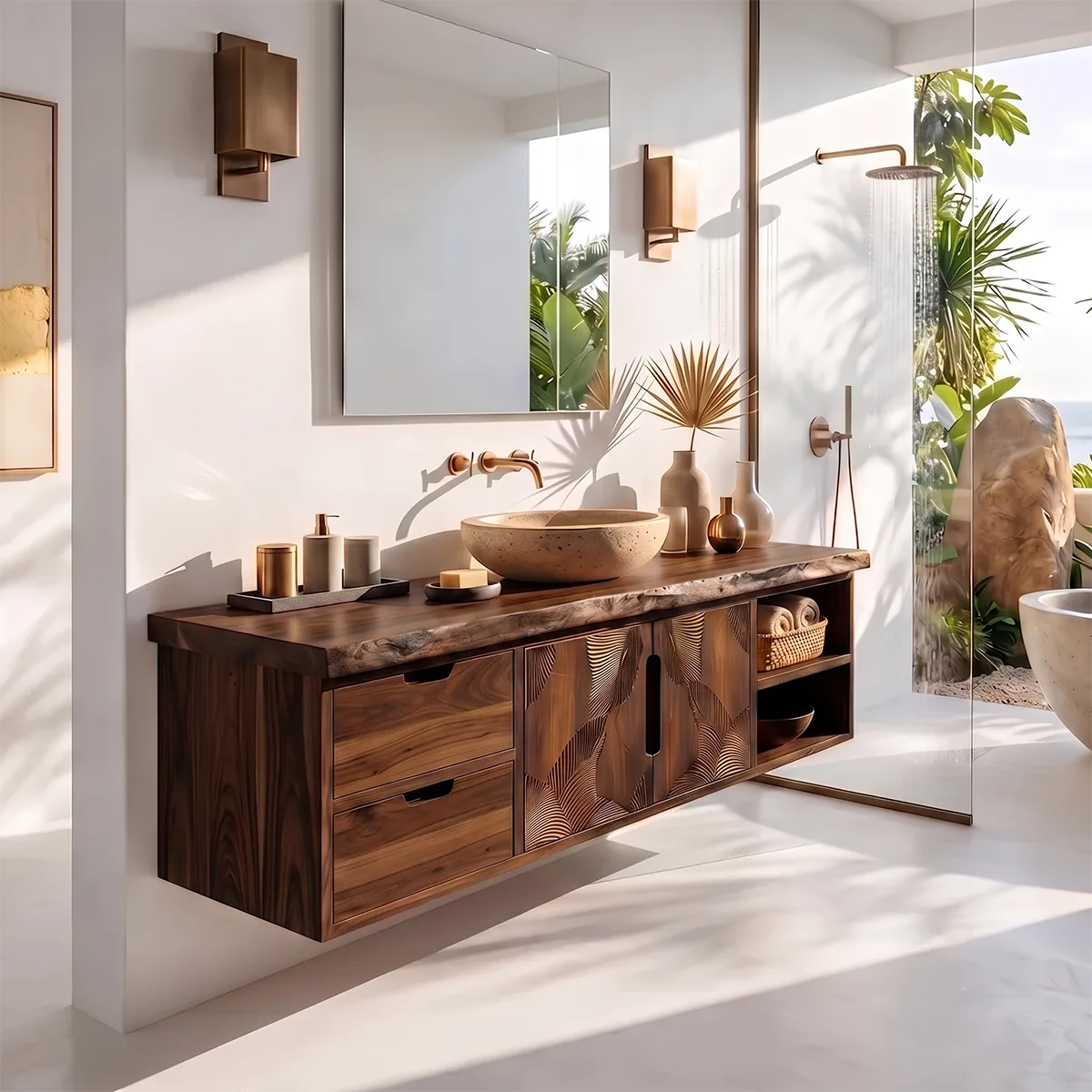 Floating Solid Wood Bathroom Vanity | Modern Bathroom Vanity with Drawers, Cabinet and Open Shelf TT006-6VOS2CB
