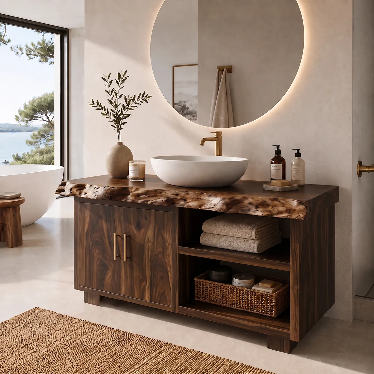 Freestanding Bathroom Vanity with 2 Doors & Open Shelves | Live Edge Vanity Cabinet with Storage