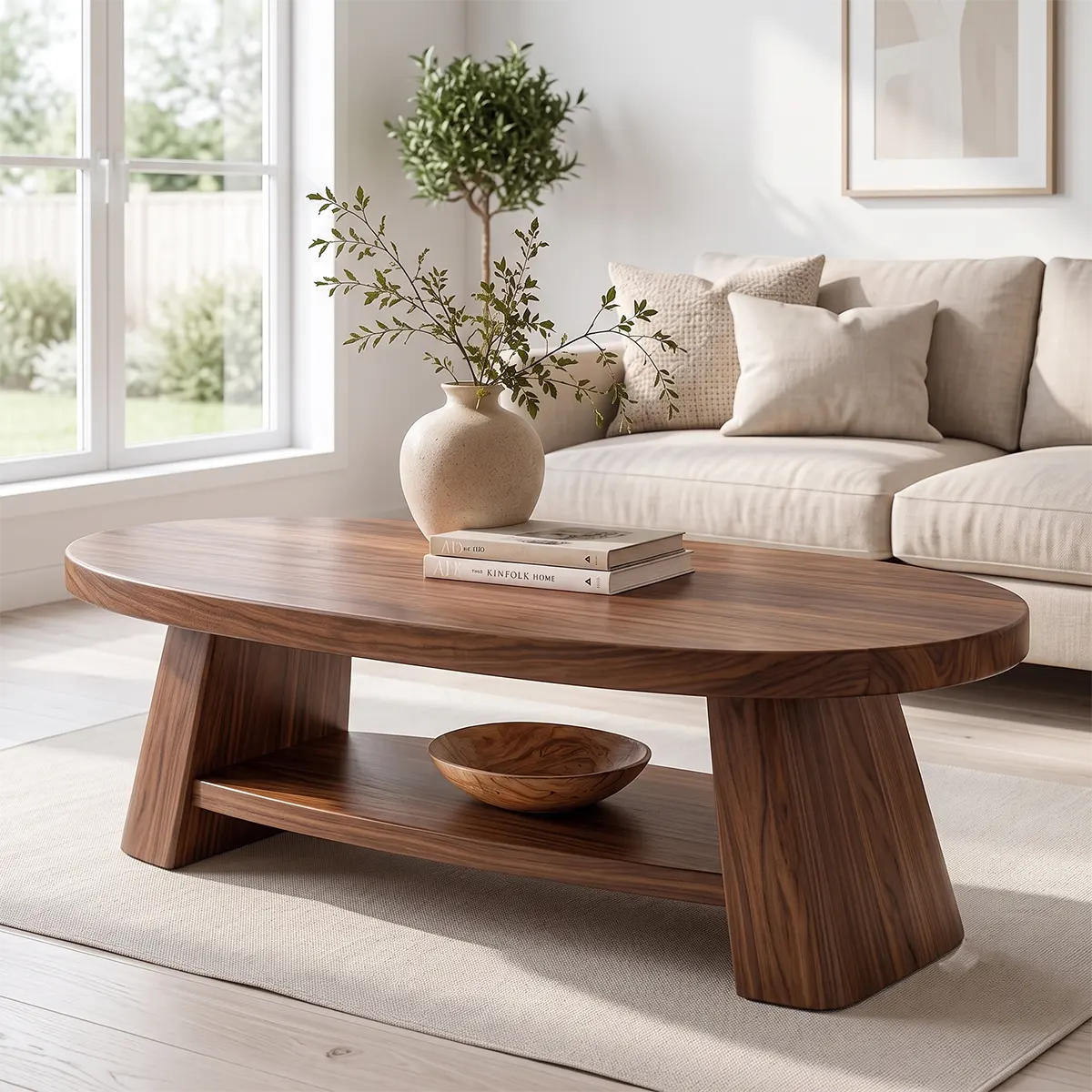 Solid Wood Oval Coffee Table with Storage Shelf | Modern Organic Living Room Table TT006-8795