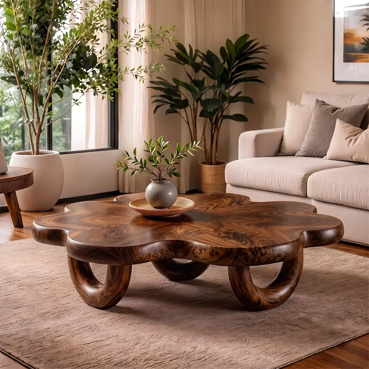 Organic Solid Wood Coffee Table | Sculptural Flower-Shaped Modern Center Table TT006-3040