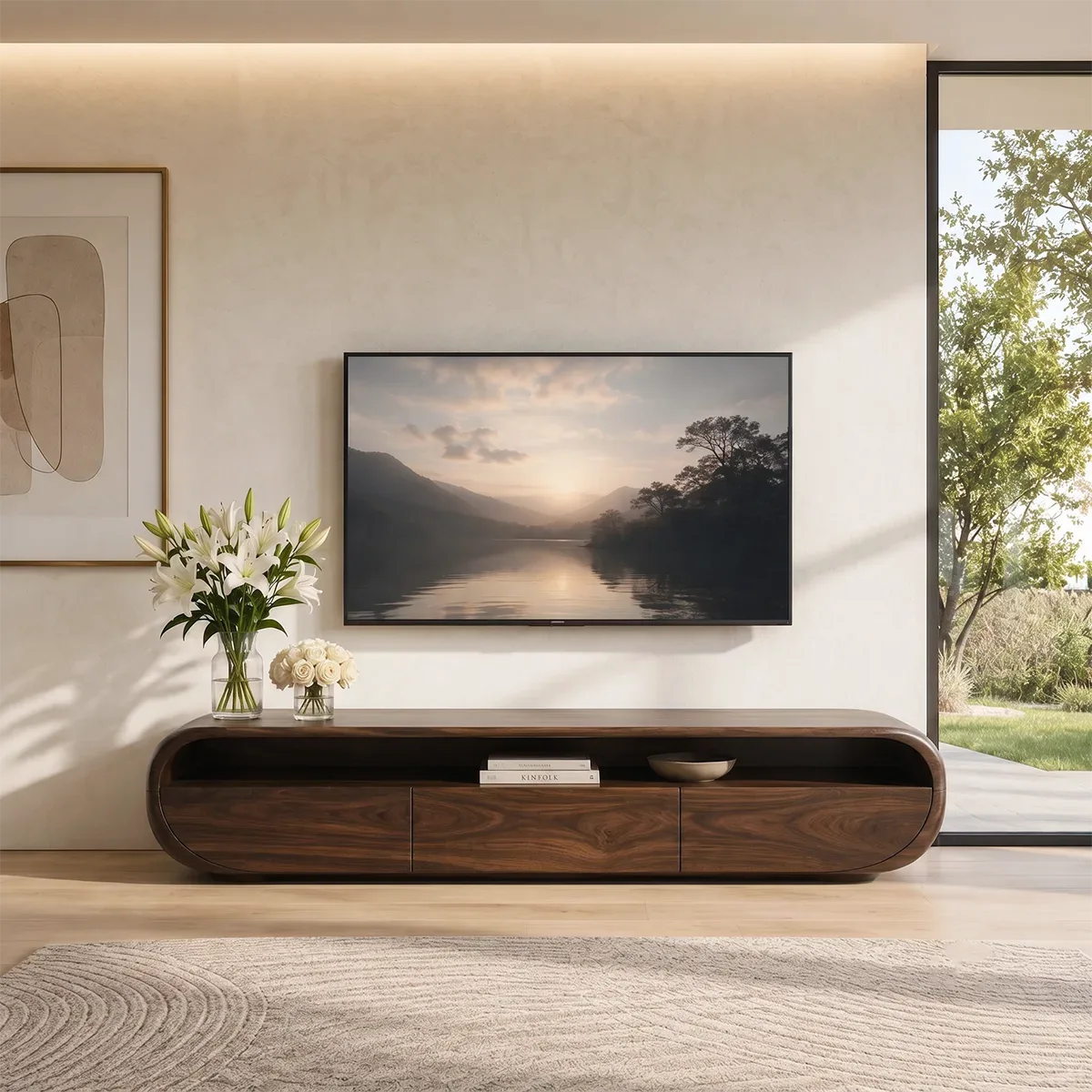 Organic Modern TV Stand with Open Shelf & 3 Drawers | Modern Media Console TT006-5REB7GU