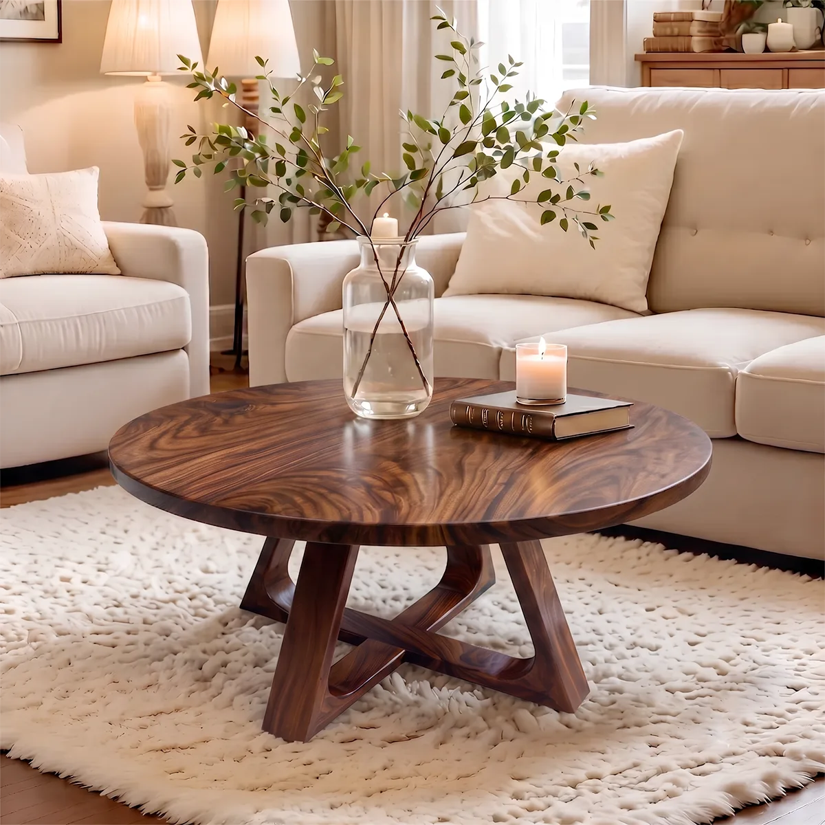 Round Wood Coffee Table with Sculptural Geometric Base | Modern Organic Center Table