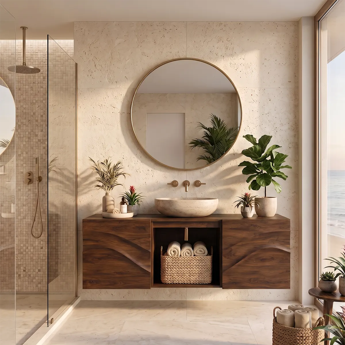 Floating Bathroom Vanity with 2 Sculpted Wave Doors & Center Open Storage Compartment