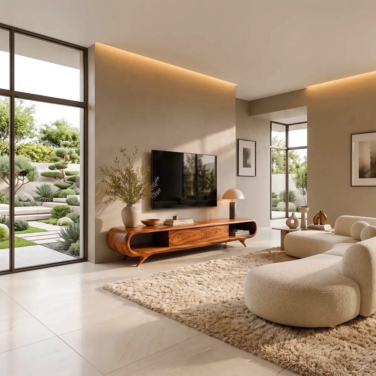Sculptural Curved TV Stand with Open Shelves & Concealed Storage | Modern Low Profile Media Console