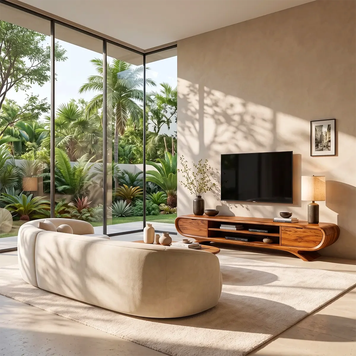 Sculptural Curved TV Stand with Open Media Shelves & Concealed Storage | Modern Entertainment Console